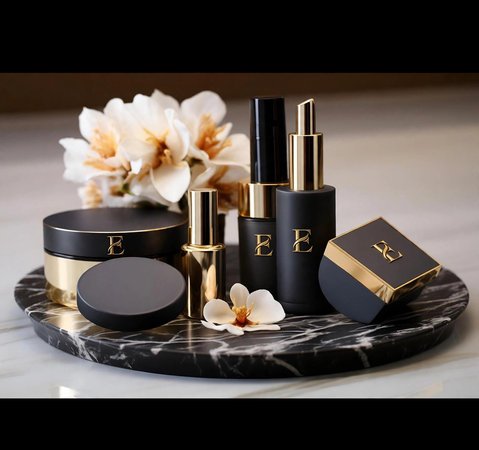 EURA black and gold cosmetics with the gold E monogram